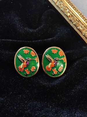 Vogel und Blumen 24k vergoldet grüne Emaille S925 Silber Nadel Ohrstecker