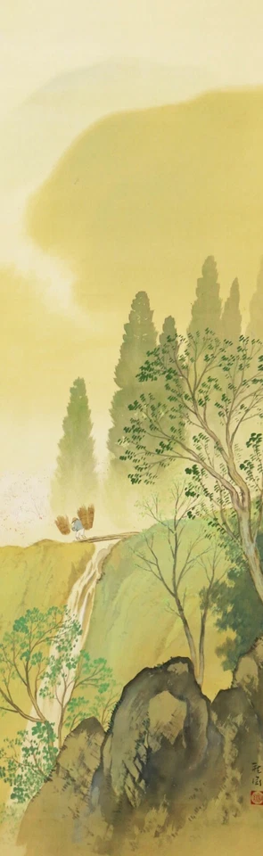 KAKEJIKU JAPONÉS PERGAMINO COLGANTE / Paisaje de primavera por Shuen Nanpo 南保秋淵 582 Foto 2 de 4