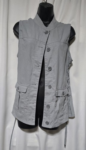 New Directions Women Gray Button Up Vest west Side Drawstrings Size Small