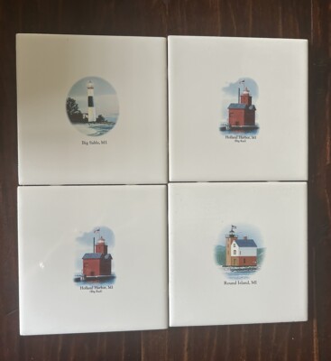 Set Of 4 Vintage Lake Michigan Lighthouse Ceramic Tiles 6x6 