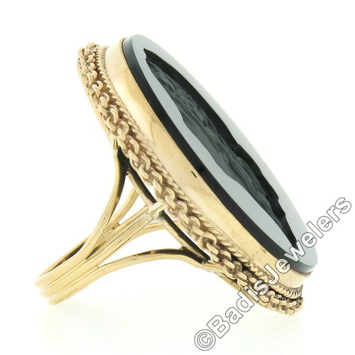 Anello vintage oro 14 carati grande onice nera opaca intagliato cammeo piatto tondo - Foto 7 di 8