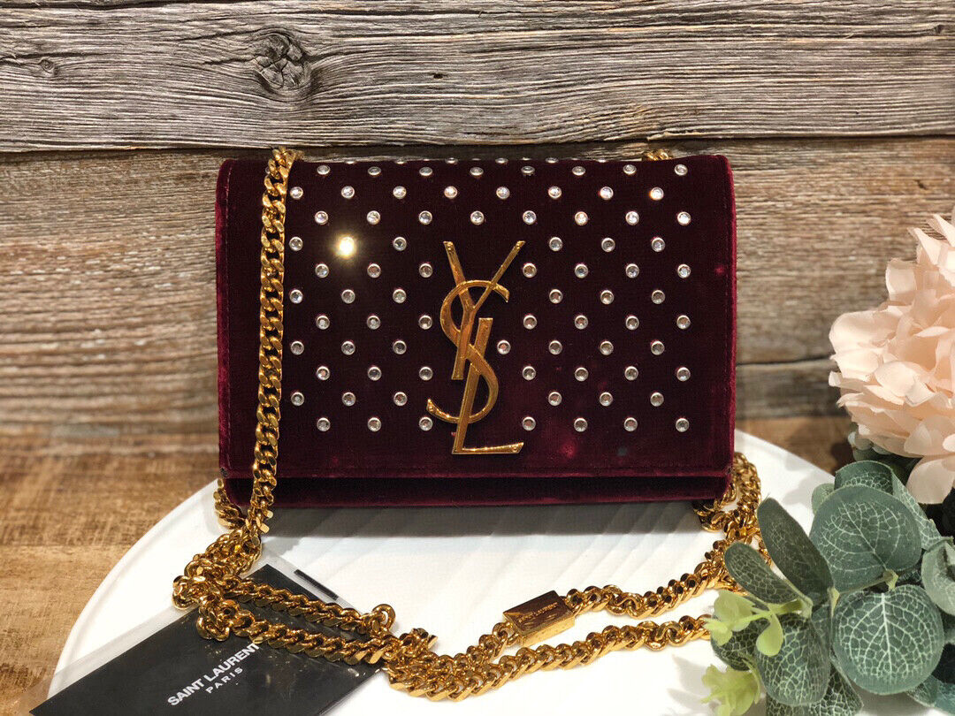 AUTH SAINT LAURENT PARIS YSL VELVET WINE RED HW KATE CROSS BAG | eBay