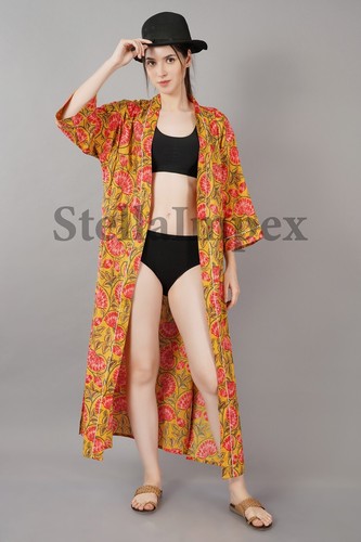 Trendy Cotton Kimono Elegant Yellow & Pink Floral Bathrobe Resort Wear Dress - Picture 3 of 6