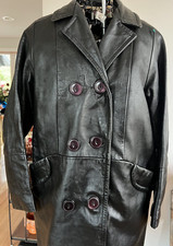 Women’s Vtg 60’s Black Leather Coat Double Breast Sz 6-8 Zip Out Furry Liner