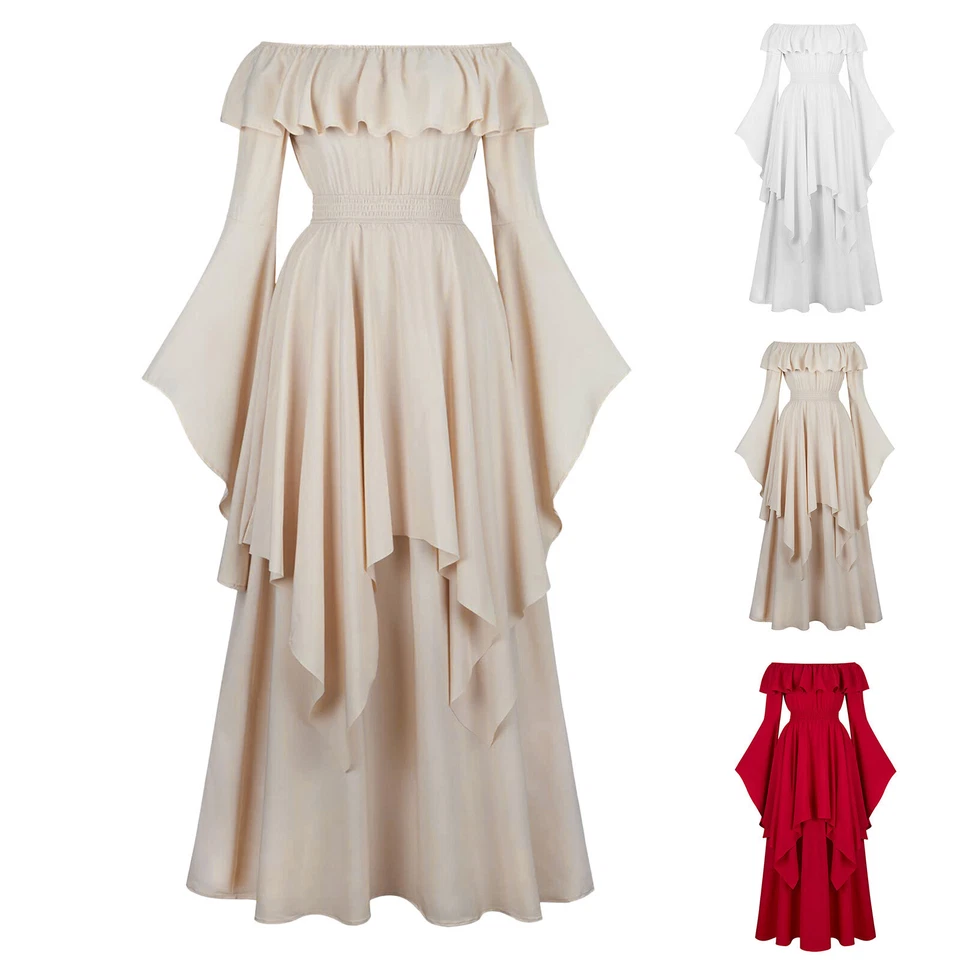 Mujeres Medieval Niñas Vestido con Volantes Halloween Dama Juegos con disfraces Vestido Renacimiento Foto 2 de 4