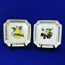 Decorative Plate Hand Painted Ceramic Cherries Pears Open Lattice Rims Set of 2 