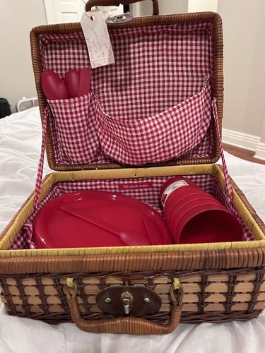 Vintage Elizabeth Arden Woven Rattan Picnic Basket And Dining Set