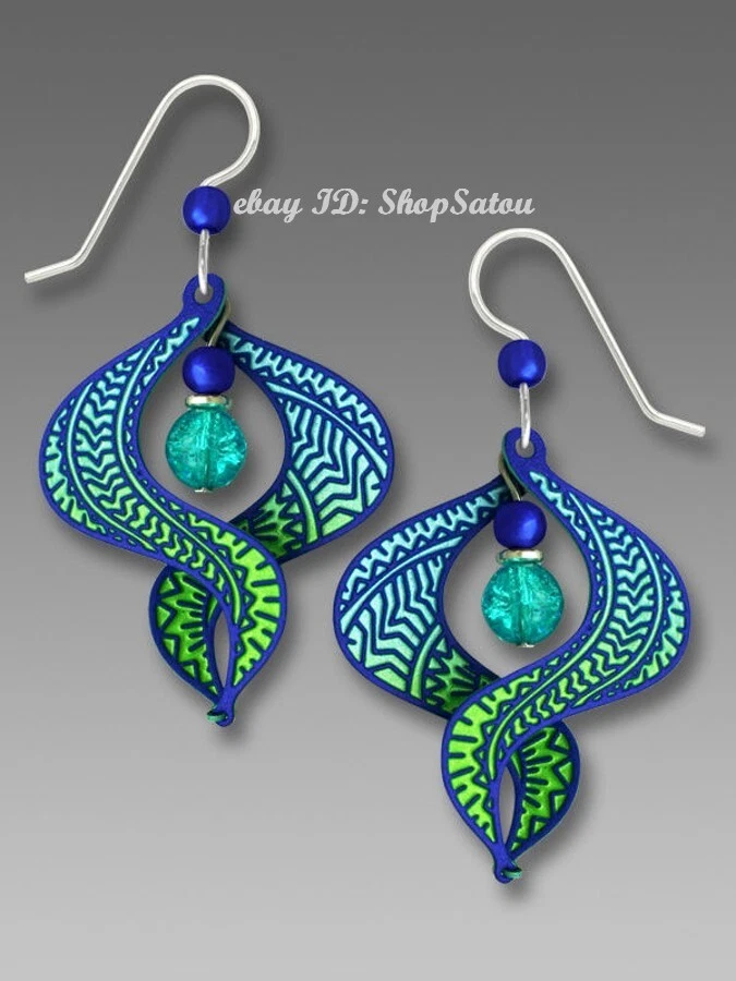 NEW ADAJIO Figure 8 Wide Ombre BLUE & GREEN Swirl Earrings w/ Beads #7615 - Image 2 of 4