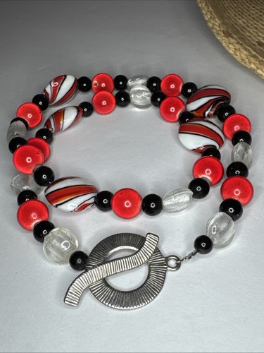 Women's Statement Necklace Glass Beaded Collar Silver Red and Black White - Picture 16 of 16