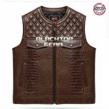 Brown Men Cross Stitch Club Leather Vest Ykk Zipper Conceal Carry Pockets 