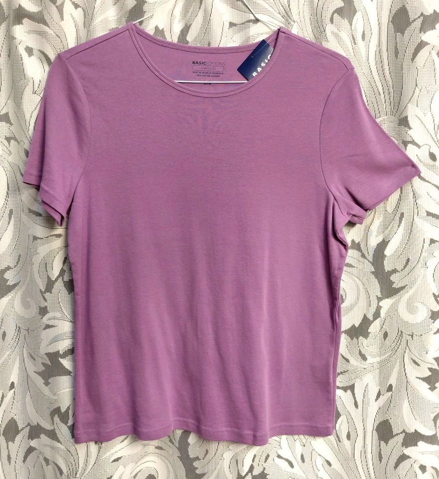 L BASIC EDITIONS CLASSIC FIT 100% COTTON STRETCH KNIT LILAC TOP T-SHIRT NEW - Image 3 of 4