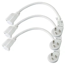 3 Pack 1 Ft Flat Plug Extension Cord, 16 AWG 3 Prong Grounded White Low Profi...