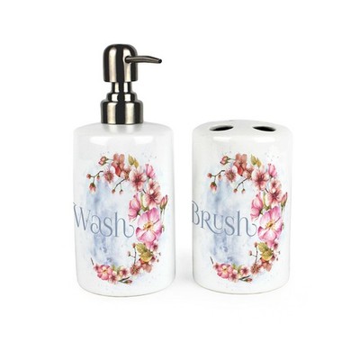 Pfirsichblüte Badezimmer Set - Rosa & Blau Keramik Seifenflasche & Zahnbürstenhalter