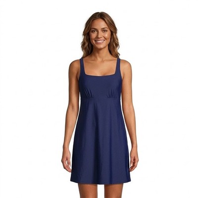 Lands End Tummy Control UPF 50 Squareneck One Piece Swim Dress Sz 8 Blue Modest