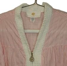Stan Herman Seersucker Robe Pink Pinstriped Full Zip Dressing Gown Vtg 90s Sz L