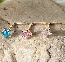 1pc 14kt Yellow or White Gold 20g L-Bend Nose Ring w/ Star CZ Gem Stud Screw
