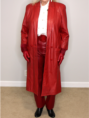 Womens Leather Trench Coat Red S-M-L Lambskin Vintage 80s 90s G
