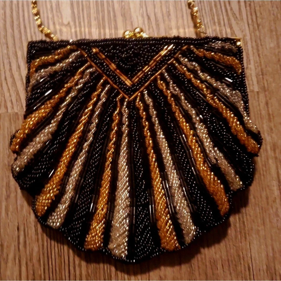 Винтажный Серебряный золото и черный ар-деко стиль бисером моллюск подкладка + цепочка вечерняя сумка сумочка