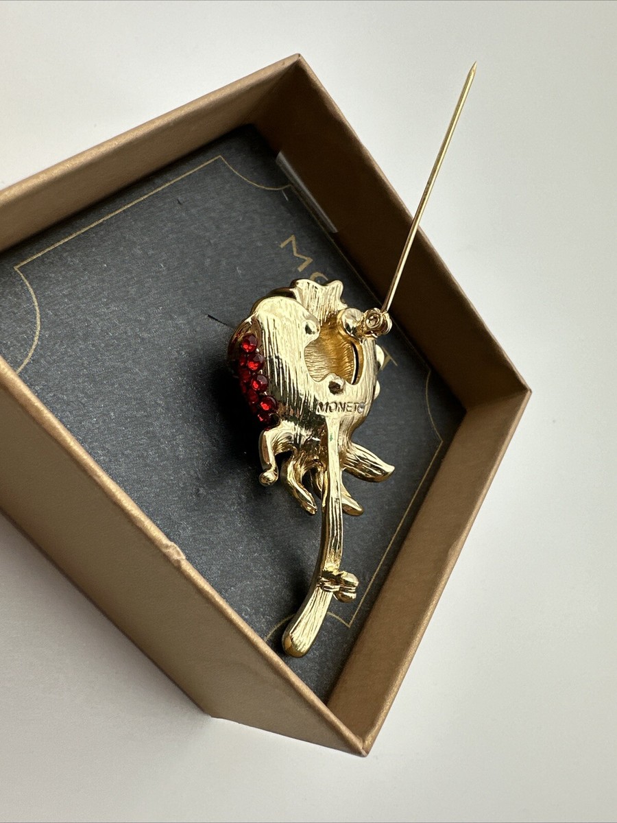 Vintage Monet Gold Tone Red Rose With Stem & Leafs Brooch