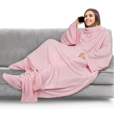 Wearable Blanket with Foot Pocket Sleeves Soft Fleece Wrap Gifts Sofa Couch TV
