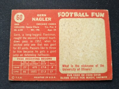 1958 Topps Football Card # 60 Gern Nagler - Chicago Cardinals (VG