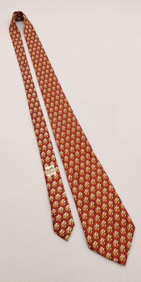 Hermes Paris 592 SA 真丝设计师领带异想天开 H 块图案红色男式领带 — 第 3/4 张图片