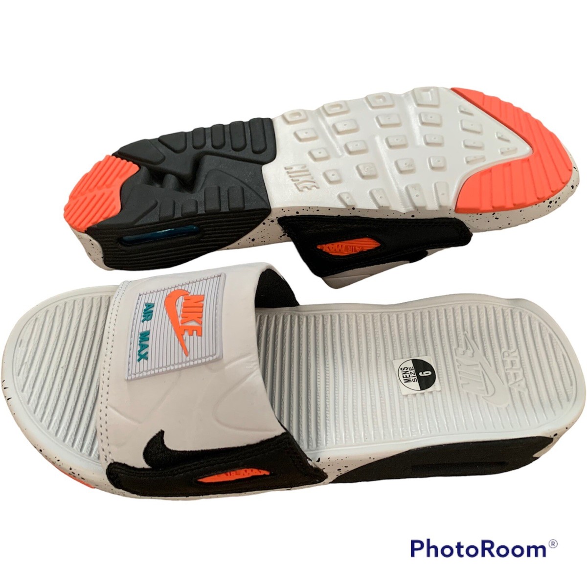 Nike Air Max 90 Slides Sandals White Turf Orange Splatter Size 6