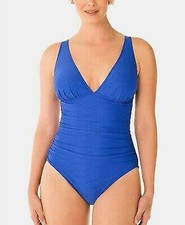NWT Swim Solutions Royal Blue Textured Plunge One Piece Swimsuit 18 pjl1722