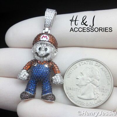 925 STERLING SILVER ICY BLING CZ HIPHOP 3D SUPER MARIO CARTOON PENDANT*ASP499