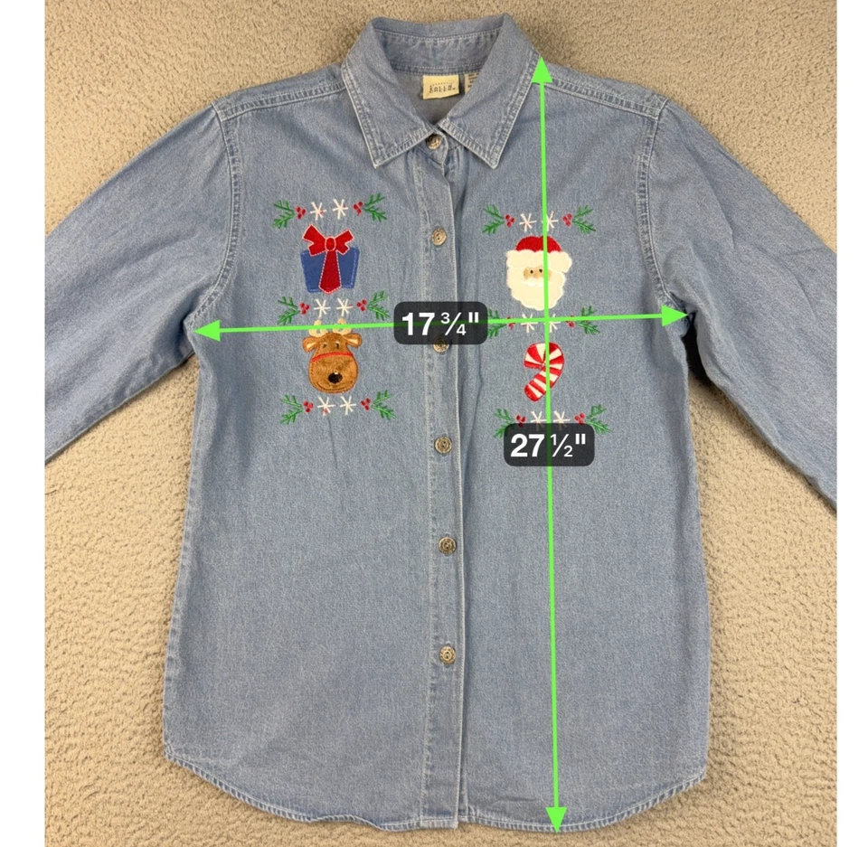 Vintage Denim Christmas Shirt Women’s Small Long Sleeves Button Front Chambray - Image 3 of 4