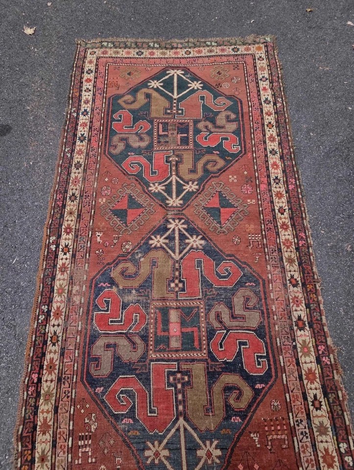 MUSEO RARO ANTIGUO Caucásico Cloudband Runner 3'10"x8' TINTES VEGETALES PUROS c.1880s Foto 2 de 4