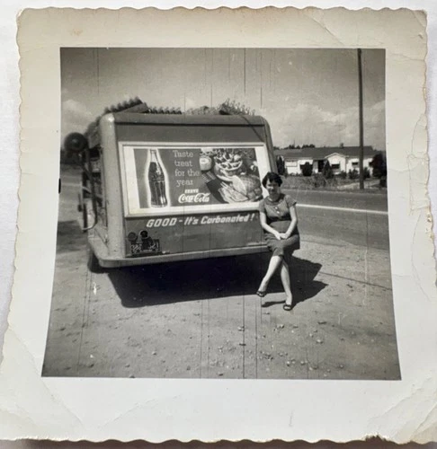 Vintage Photograph Woman sitting on bumper of a Coca Cola Delivery Truck 1940s