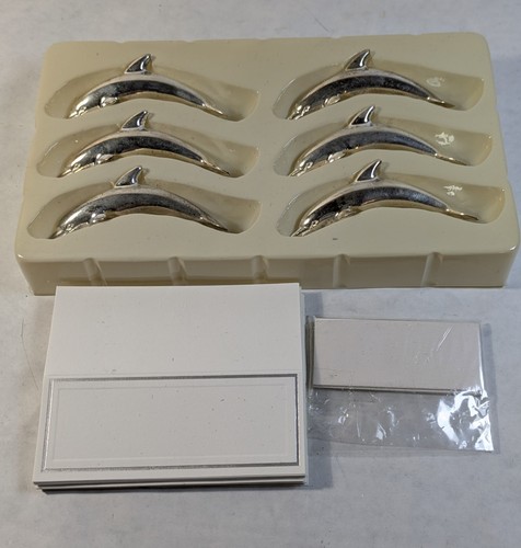 Set of 6 Silver Tone Dolphin Place Card Holders 3” with Name Cards