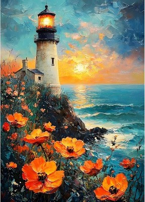DIY Lighthouse 5D Diamond Art Kits, Round Full Drill Sparkling Poppies Diamond 