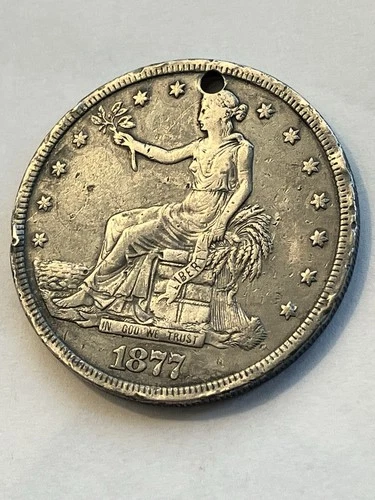 1877 Trade Silver Dollar Holed & Cleaned Nice Detail Old US Coin Free Shipping