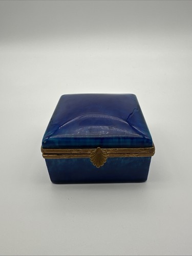 PAUL MILET SEVRES MARBLED BLUE HINGED TRINKET BOX 3.5” by 3.5” - Picture 1 of 6