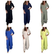 2PCS Women's Loose V Neck Split Long Top  Pants Set Formal Wedding Party Outfit