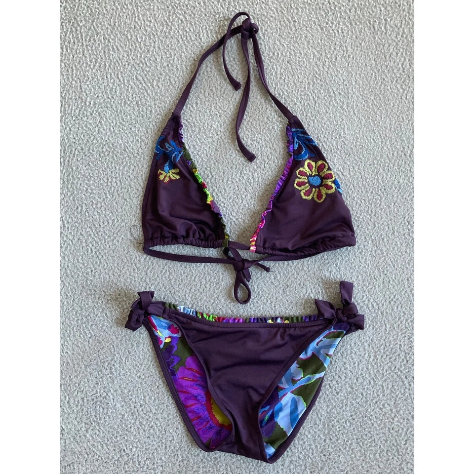 Bikini de Colección Lucky Brand Tanga Mediano Floral Púrpura Parte Superior de Natación Parte Inferior Y2K Años 90 Foto 3 de 4