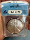 2005 ANACS MS69 American Eagle Silver Dollar $1 - .999 Fine Silver TONER #2000