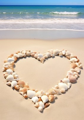 Wandbild: ein Herz aus Muscheln auf Sand (212436229)