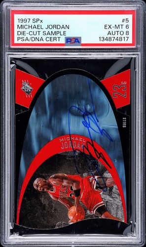 1997 SPX DIE-CUT SAMPLE #5 MICHAEL JORDAN PSA 6 AUTO 8