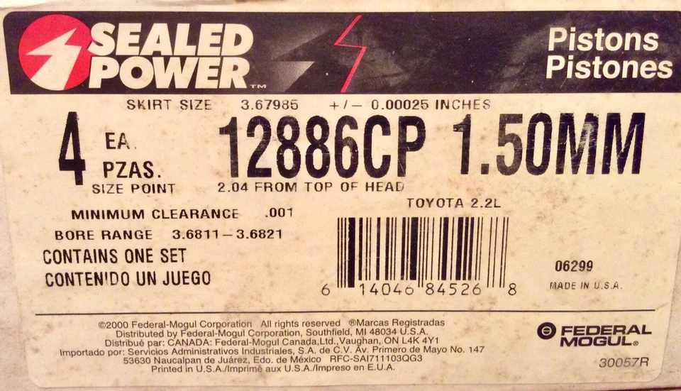 Juego de pistones fundidos Toyota L4 2,2 L potencia sellada 12886CP de 1,50 mm con pasadores y retenedores Foto 3 de 4