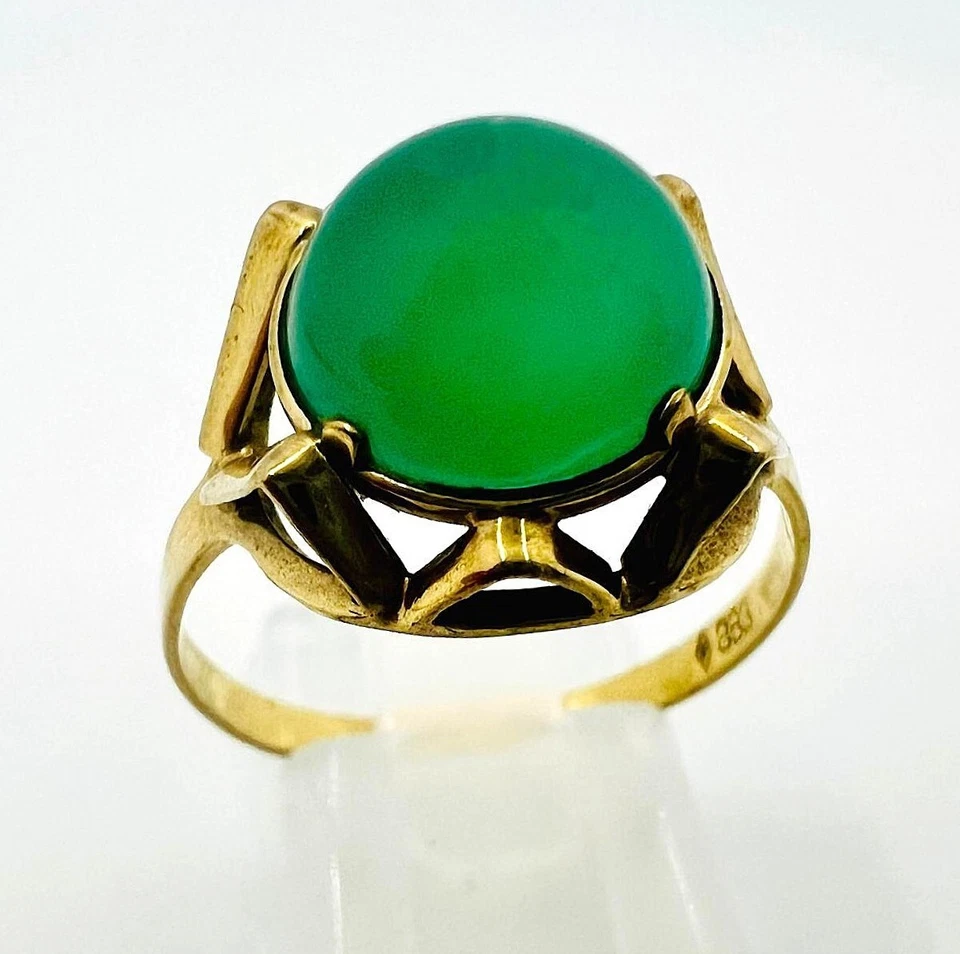 Vintage Ring 333 Gold mit grünem Chalcedon Cabochon, Größe 62/ 10 Chalzedon - Bild 3 von 4