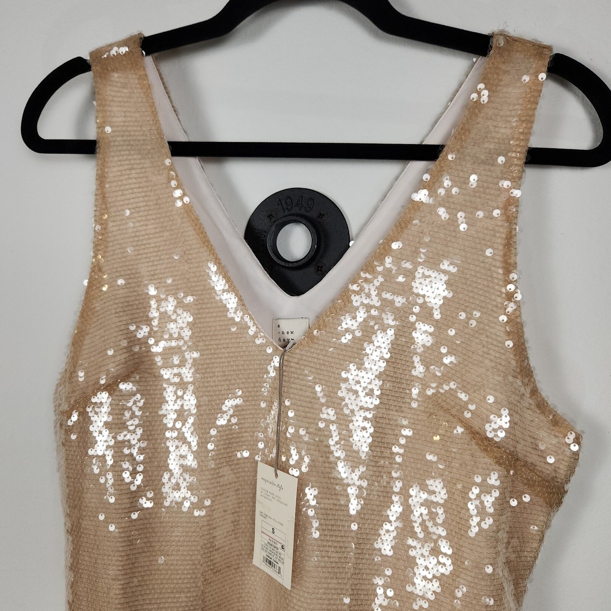 A New Day Womens Cream Sequin Lined V-Neck Mini A-Line Dress