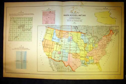  "Principales meridianos y líneas de base grises 1911 mapa de Estados Unidos 183⁄4"" x 281⁄2"  - Imagen 1 de 4