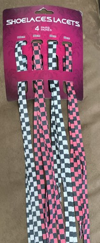 SHOE LACES LACETS 4-PAIRS/ 4-LENGTHS CHECKERED BLK/WH PINK/BLK SO COOL!!