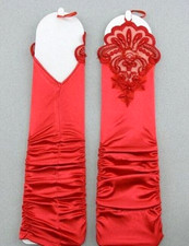 NEW Long RED Satin FINGERLESS RUCHED Gloves w/ SEQUINS  STYLE G219