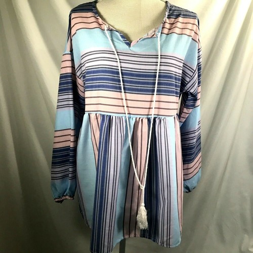 Misslook Womens Stripped Top Tunic Blouse Sz Large Tassel Tie Pink Purple Blue