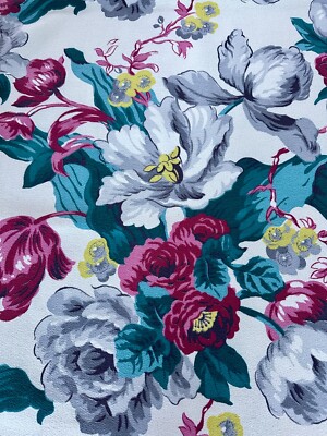 Roses & Parrot Tulips Hollywood Regency  Barkcloth Mid Century Vintage Fabric