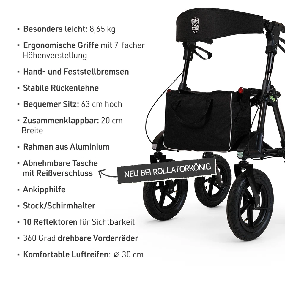 Rollator Set + Pumpe mit 30 cm Luftreifen Alu leicht faltbar outdoor für draußen - Bild 2 von 4